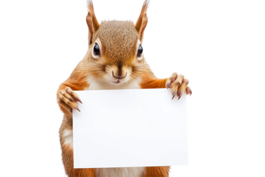 Cute squirrel holds a blank white banner in its tiny paws while showcasing an adorable expression, perfect for creative messages and announcements