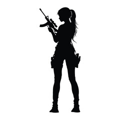 Silhouette of a female spy or soldier holding a sniper rifle.