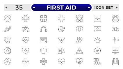 First Aid outline icon set. Emergency kit icon set. Vector objects set of survival emergency kit for evacuation or disasters.