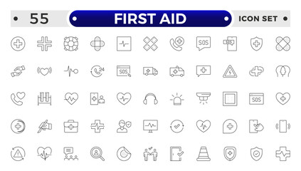 First Aid outline icon set. Emergency kit icon set. Vector objects set of survival emergency kit for evacuation or disasters.