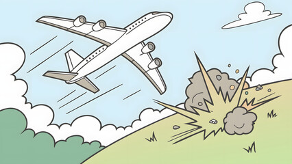 Airplane crashing into ground cartoon illustration