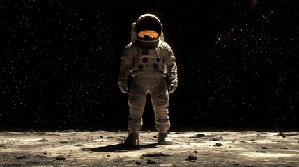 An astronaut stands alone on the surface of the moon