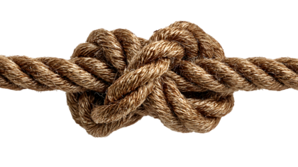 Close-up view of a nautical rope knot showing detailed texture against a white background illustrating strength and security