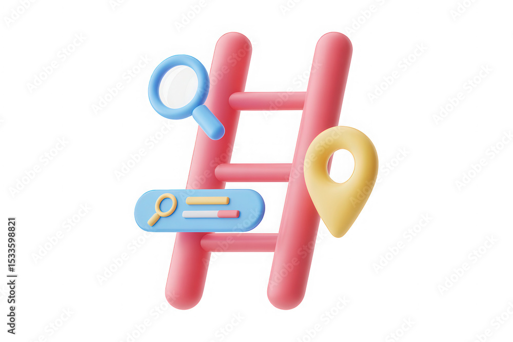 Poster 3d render of ladder with search magnifying glass and location pin icons