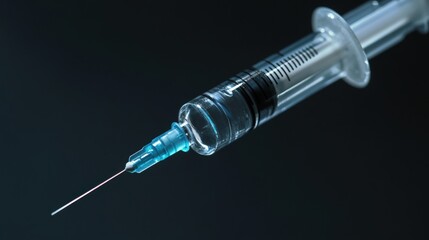 A Transparent Syringe with Needle Against a Dark Background