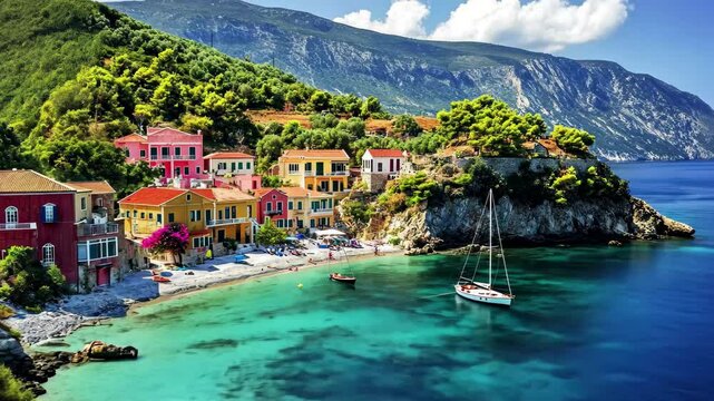 Explore the picturesque bay of Assos on Kefalonia Island during a sunny day, Travel destination in Greece Kefalonia island, Assos village, Ionian sea coast