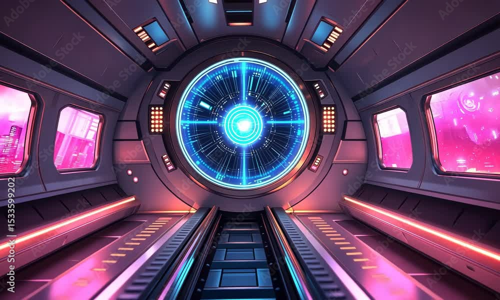 Aufkleber futuristic tunnel interior with glowing panels and a large circular display