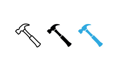 Set of Hammer Icons in Black Blue and White Representing Tools and Construction