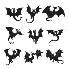 Set of mythical dragon silhouettes in various poses.
