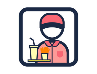 ポテトとジュースを持つファーストフード店員のシンプルな四角いカラーイラストアイコン