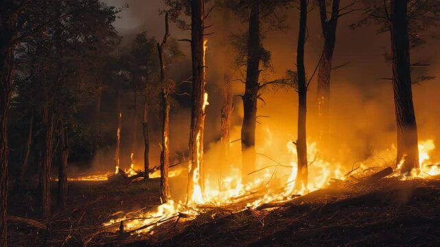 Forest fire raging through trees in smoky wilderness at night  