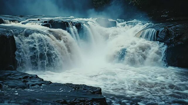 River Ure cascading over rocky ledge creates serene and powerful waterfall landscape, extra wide shot of the river ure going over the lower falls at Aysgarth falls, Yorkshire dales