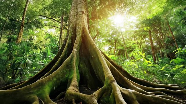 Majestic jungle forest with large tree and extensive root system under warm sunlight, Jungle forest scenic nature Tree with big roots in lush of Daintree Queensland
