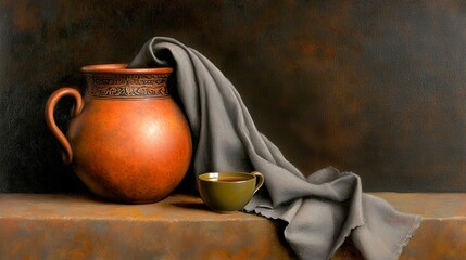 Still Life of Terracotta Pot and Green Cup with Draped Fabric
