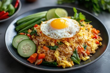 Delicious Khao Pad Thai fried rice with egg, fresh vegetables, and protein choice served with lime and cucumber garnishes for a satisfying meal experience