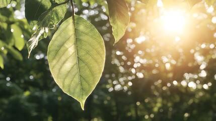 Sunlit Leaf Hanging on Tree Branch in Beautiful Nature Background with Bokeh