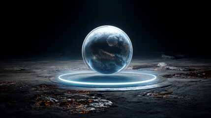 Holographic projection of a 3D planet from a floating AI device. digital technologies, artificial intelligence