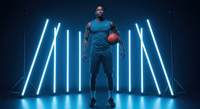 Energetic portrait of a young African American basketball player standing in a dark studio illuminated by vertical blue neon lights, holding a basketball.