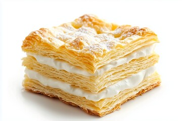Fototapeta premium Delicious mille-feuille made of layered puff pastry with cream icing, set against a clean white background, showcasing its delightful texture and sweet appeal