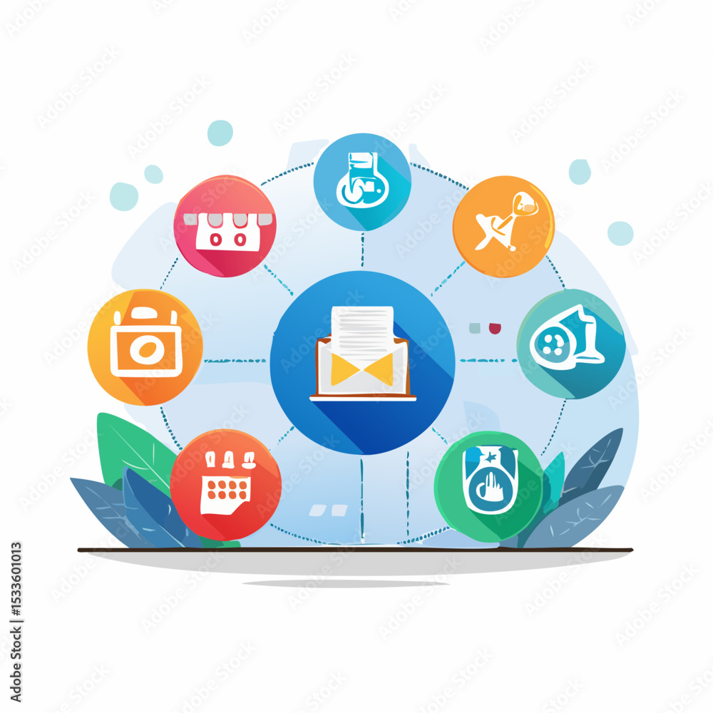 Poster colorful circular diagram with various icons representing different concepts and ideas