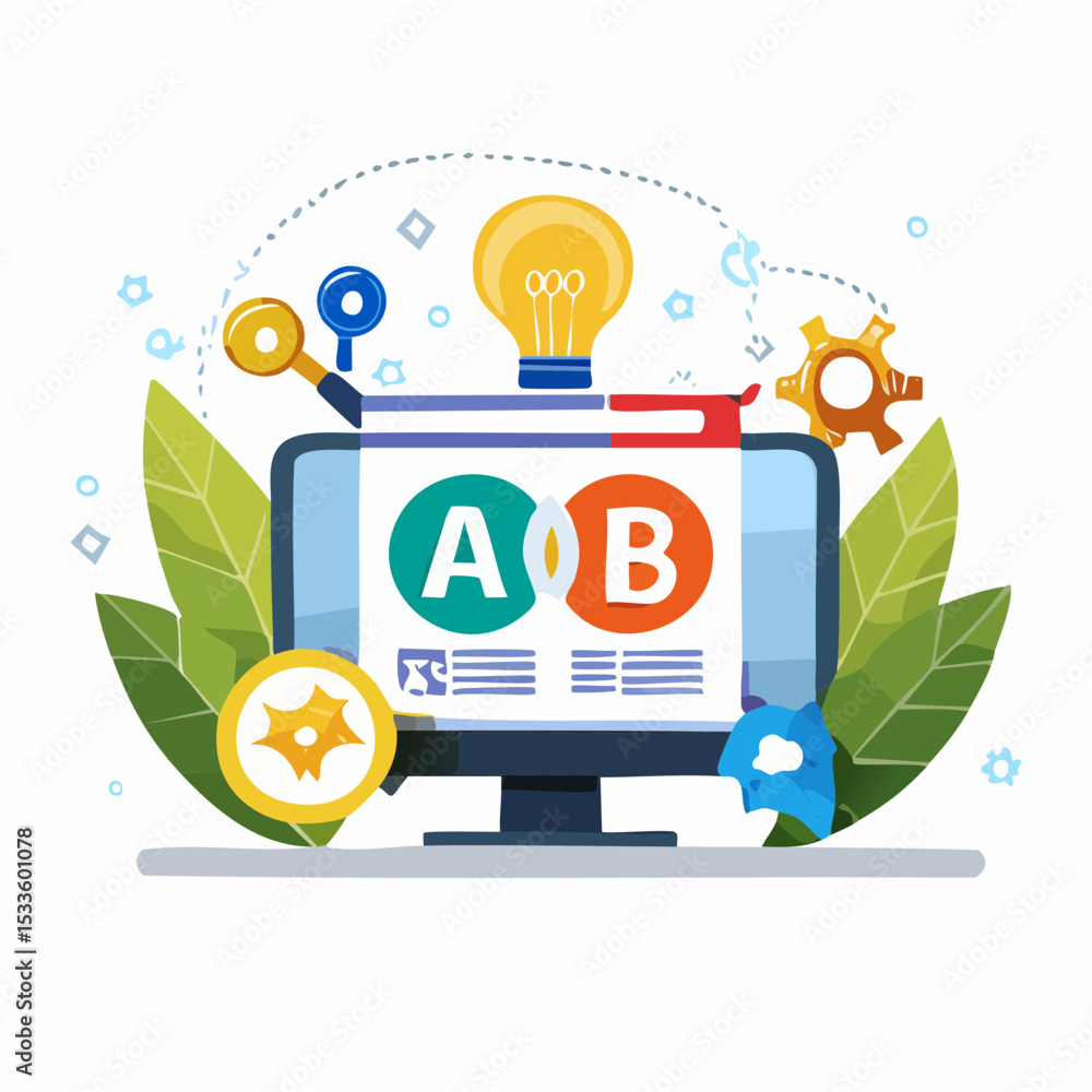 Poster illustration of a b testing with a computer and various design elements