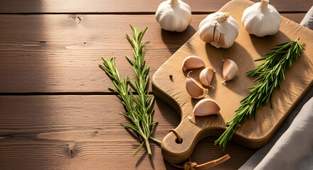Garlic and rosemary on wooden table