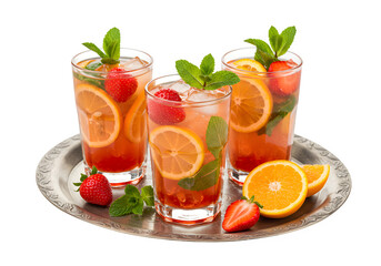 Fototapeta premium Three refreshing fruit cocktails with strawberries, citrus slices, and fresh mint garnishes on decorative serving tray, isolated on white or transparent background. PNG