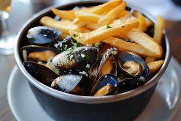 Mouthwatering moules-frites with mussels in white wine garlic sauce and crispy golden fries served in a cozy restaurant setting