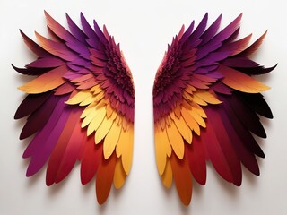 Beautiful gradient angel wings with vibrant purple, orange and yellow feathers arranged symmetrically on white background for design projects