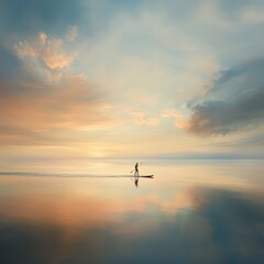 Obraz premium Serene Sunset Paddleboarding View Over Calm Waters at Dusk