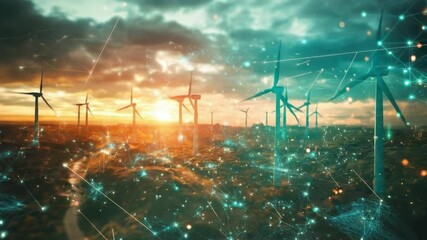 Wind Turbines and a Digital Network: A picturesque scenery that illustrates the convergence of wind turbines and digital networks at sunset. - Powered by Adobe