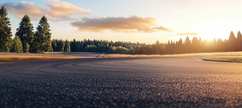 Empty asphalt race track at sunset. Lush forest lines the edge of the track - Powered by Adobe