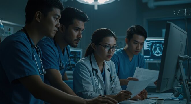 A diverse medical team collaborates in a modern hospital or operating room, reviewing patient scans displayed on a large computer monitor during a consultation or planning session.