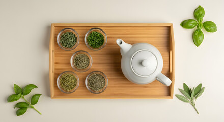 Teapot with green herbs and spices top view
