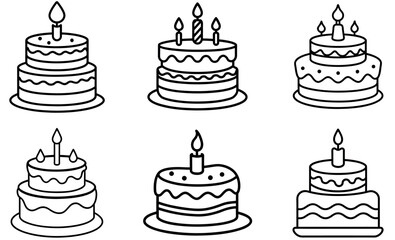 Six Line Art Birthday Cakes with Candles, Different Styles and Tiers Illustration