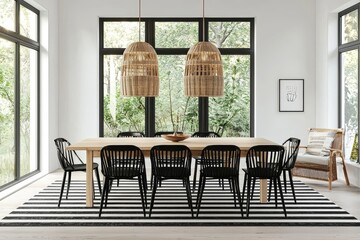 Dining room with black chairs, light wood table, striped rug, large windows, rattan pendant lights, and natural lighting