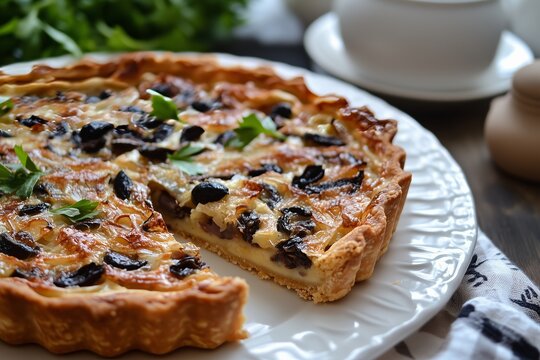 Delicious pissaladiere featuring caramelized onions, anchovies, and olives served on a decorative platter at a rustic table setting in a cozy kitchen