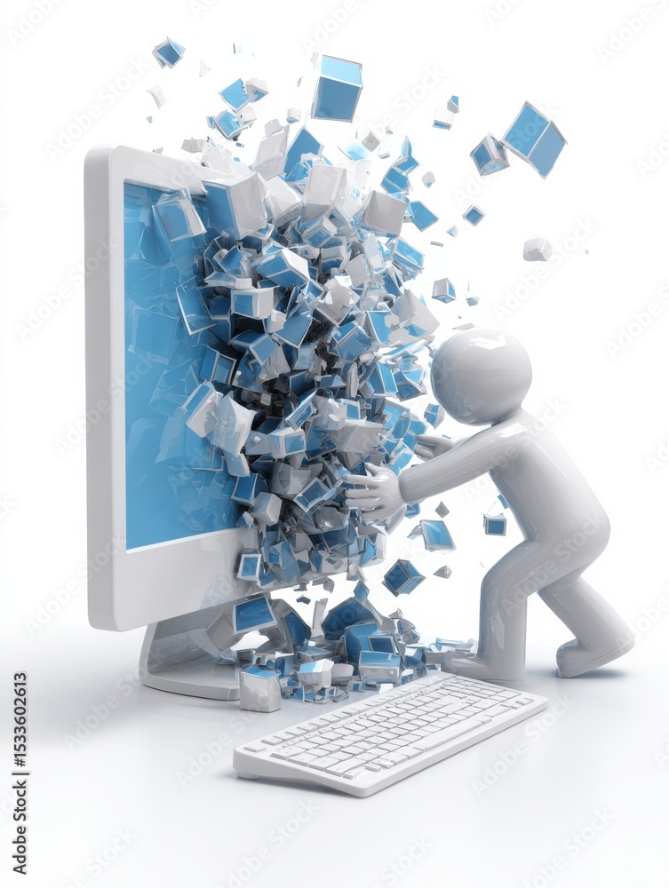 Aufkleber User Icon Interacts With Crashing System as Digital Pieces Scatter in a Chaotic Disruption of Computer Functionality