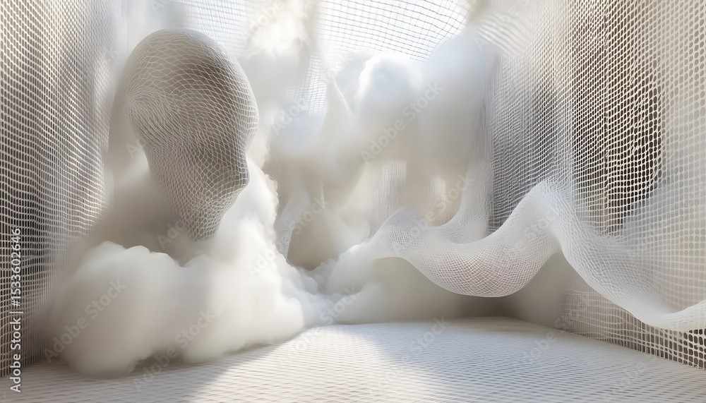 Poster abstract architectural scene with sculpted forms and flowing fabrics.