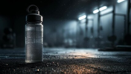 Gym water bottle on the floor in moody fitness studio lighting, symbolizing hydration and endurance