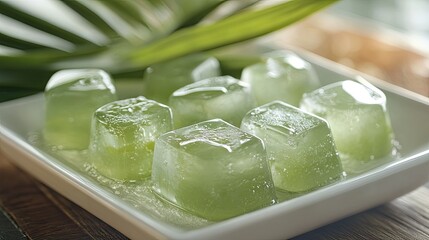 Mini coconut gel cubes in syrup, sparkling under natural light, served in a white dish with tropical pandan leaves for garnish.
