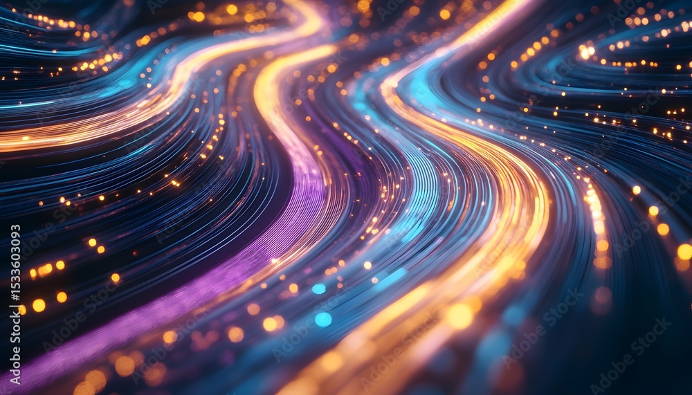 Poster abstract design with glowing, wavy lines and particles.