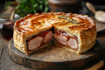 Delicious pork pie with seasoned pork and jelly, sliced to reveal a firm crust and savory filling, perfect for a hearty meal or snack