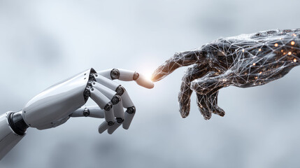 Artificial intelligence, future technology and business concept - robot and human hand on the background of connecting to a big data network futuristic