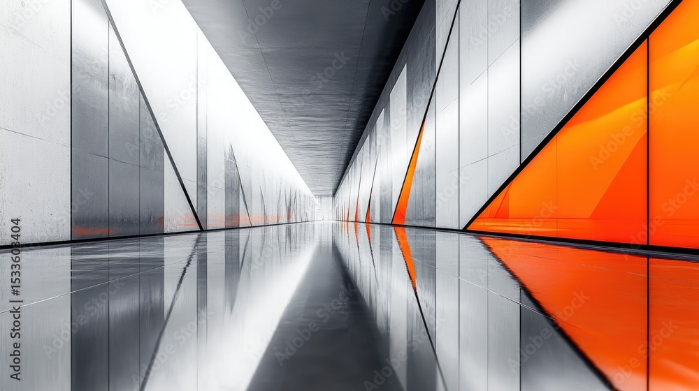 Poster minimalist building elements with gray and orange panels, sharp lines, and soft reflections highligh