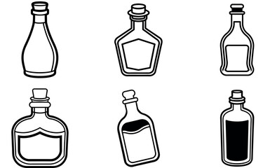 Black and White Line Art of Six Unique Potion or Liquor Bottles Outline Illustration