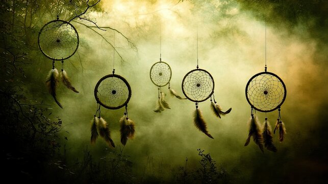 Ethereal Dreamcatchers Hanging in a Mystical Foggy Forest Scene - Powered by Adobe