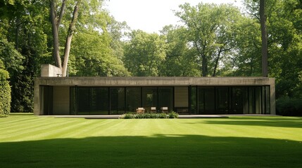 Minimalist European home exterior with a smooth concrete facade, large sliding glass doors, and a simple yet elegant front yard design