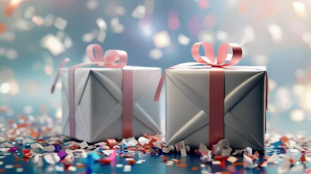 A white gift box filled with colorful confetti and celebration atmosphere