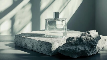 Minimalist fragrance bottle on textured concrete slab, soft reflections on transparent glass, modern luxury aesthetic